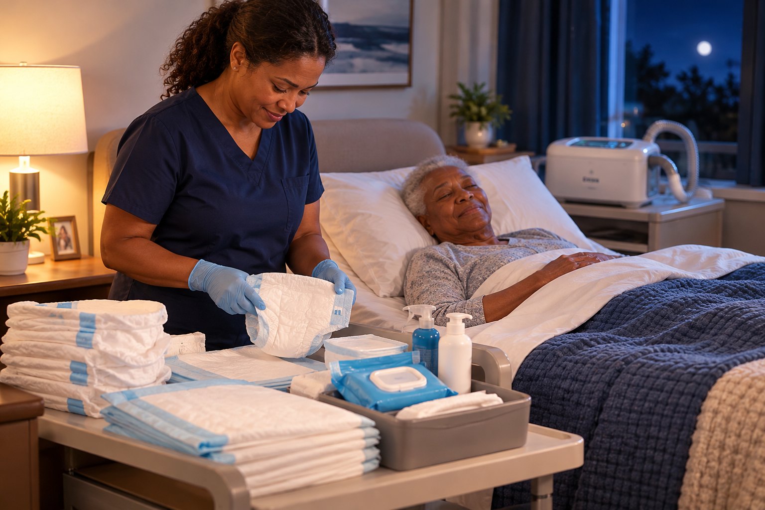 An older bedbound adult resting at home while a caregiver prepares nighttime urinary and bowel incontinence supplies.