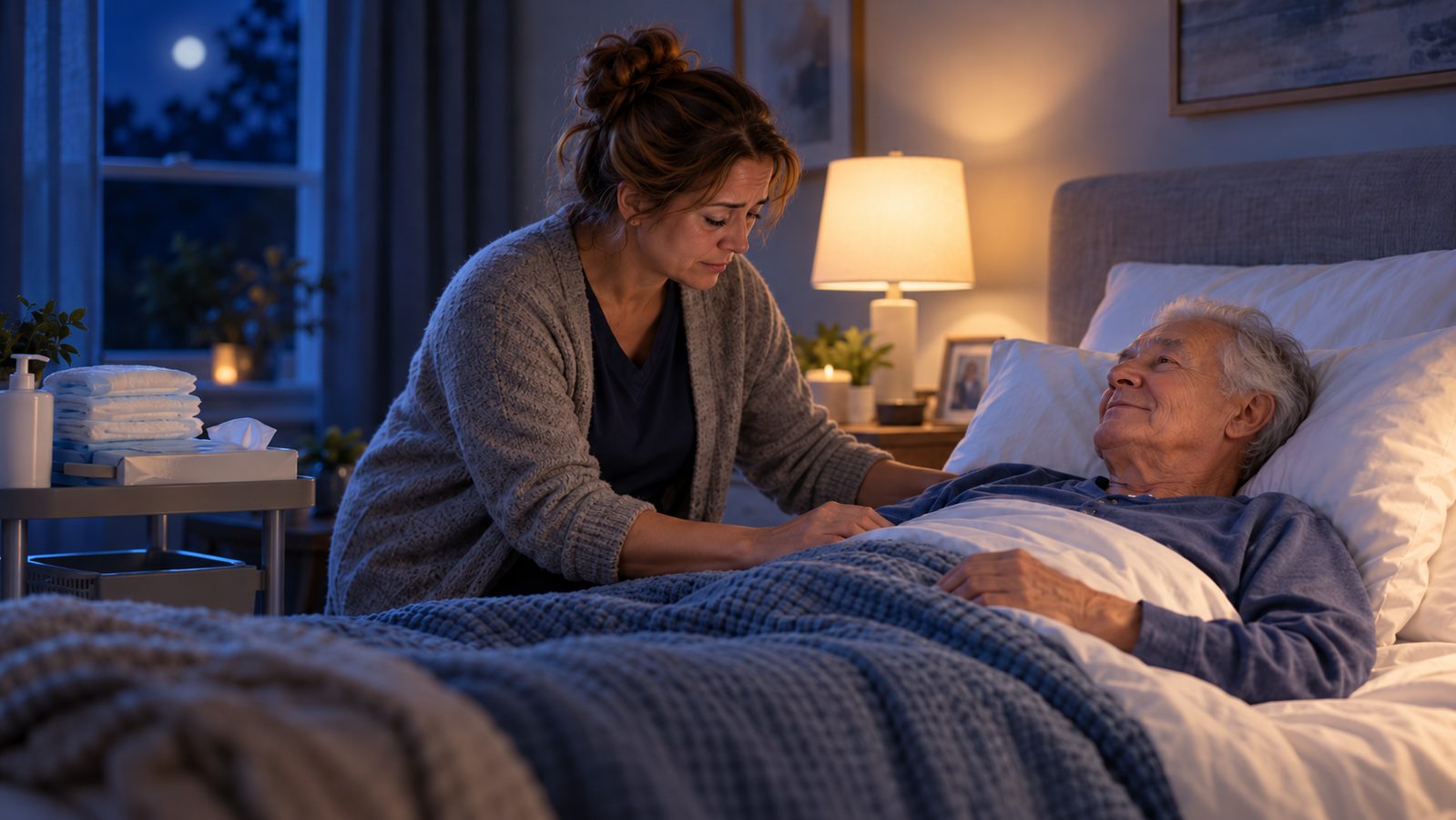 A tired family caregiver providing gentle nighttime bedside care to an older bedbound adult.